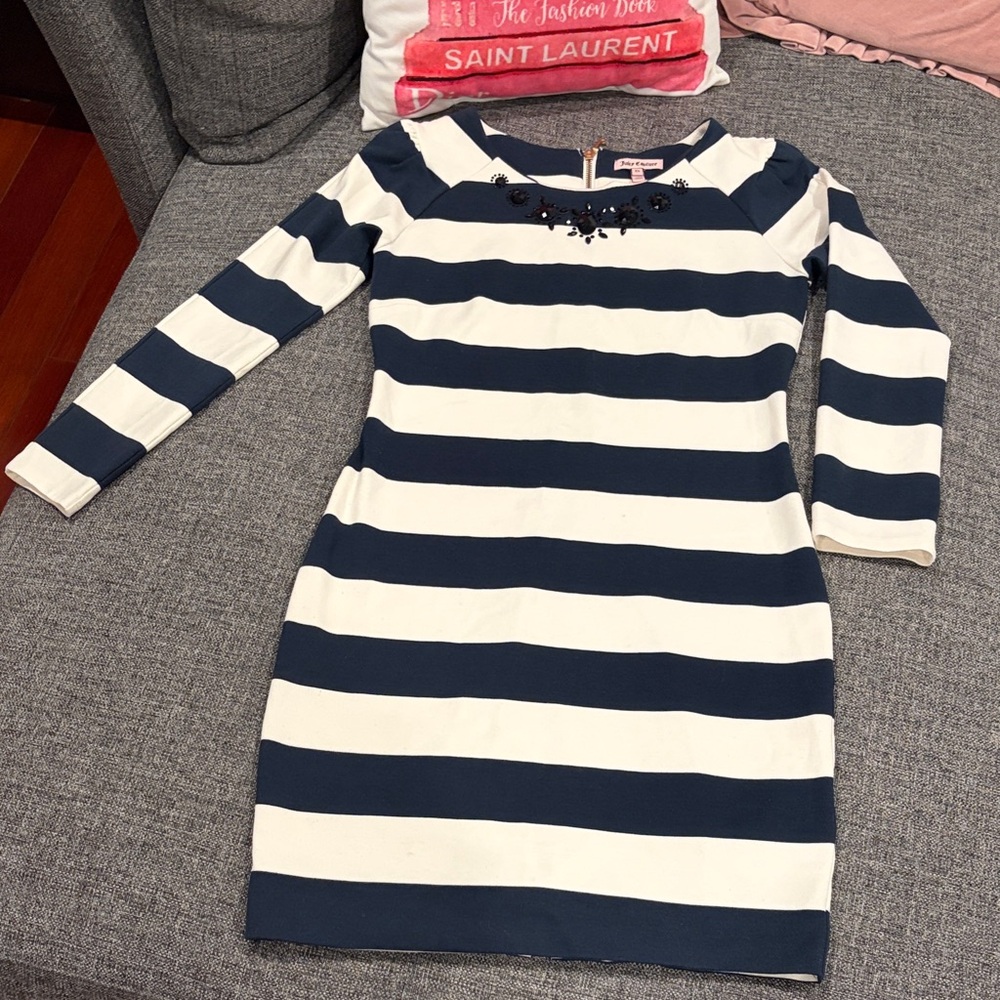 Juicy Couture Navy and White Striped Embellished Dress